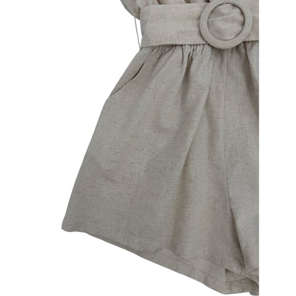 Princess Polly Deep V Croquette Playsuit Romper Collared Belted Neutral Beige 0 - Picture 15 of 16
